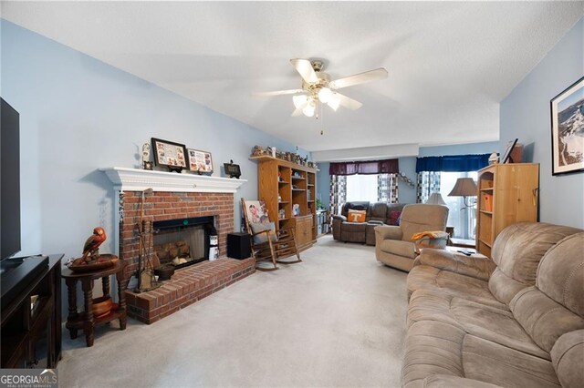 2000 Spicers Ln, Woodstock, GA 30189 - living room featuring a brick fireplace, carpet flooring, and ceiling fan