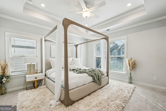 1322 Stanley Park Dr, Decatur, GA 30033 - bedroom with carpet flooring, visible vents, baseboards, ornamental molding, and a raised ceiling