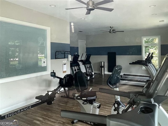 1322 Stanley Park Dr, Decatur, GA 30033 - gym with wood finished floors, ceiling fan, and recessed lighting