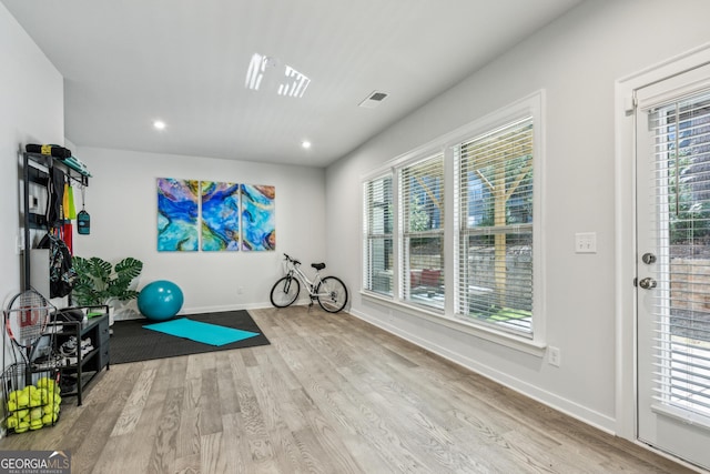 1322 Stanley Park Dr, Decatur, GA 30033 - exercise area with baseboards, wood finished floors, a healthy amount of sunlight, and recessed lighting