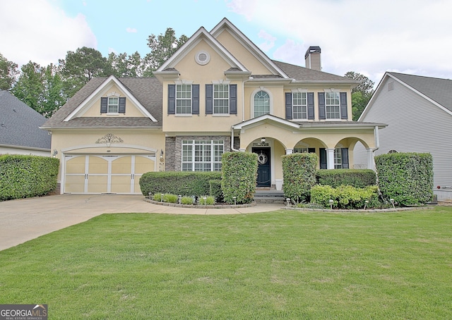 65 Tapestry Ln, Newnan, GA 30265 - view of front facade featuring stucco siding, a chimney, a front yard, driveway, and an attached garage