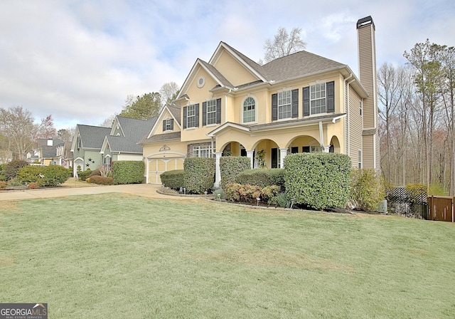 view of front of house featuring a front yard, driveway, stucco siding, a chimney, and a garage