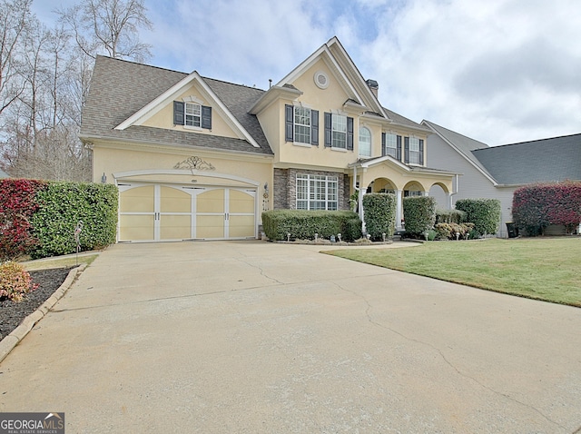 view of front of house with a front yard, roof with shingles, stucco siding, concrete driveway, and stone siding