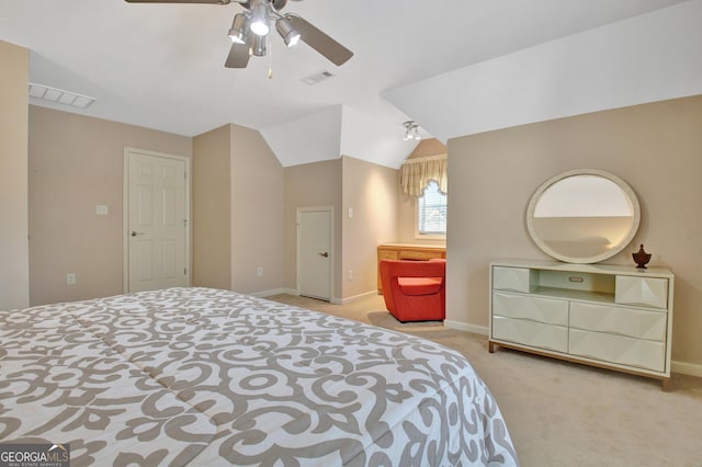 bedroom with carpet, baseboards, ceiling fan, and vaulted ceiling