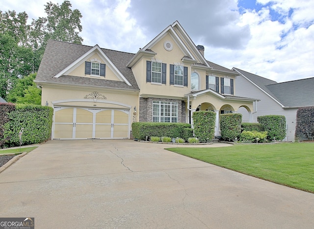 65 Tapestry Ln, Newnan, GA 30265 - traditional-style house with stucco siding, driveway, a front yard, stone siding, and an attached garage