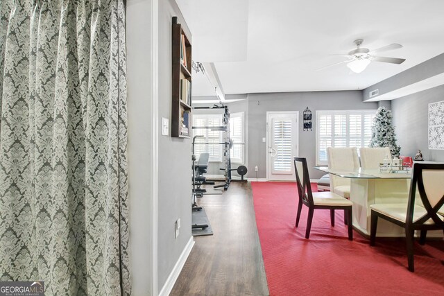 dining area featuring a wealth of natural light, baseboards, ceiling fan, and wood finished floors