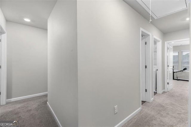 hall featuring attic access, carpet flooring, recessed lighting, and baseboards
