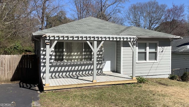 view of outbuilding with fence