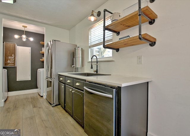 kitchen featuring light wood-style flooring, open shelves, a sink, stainless steel appliances, and light countertops