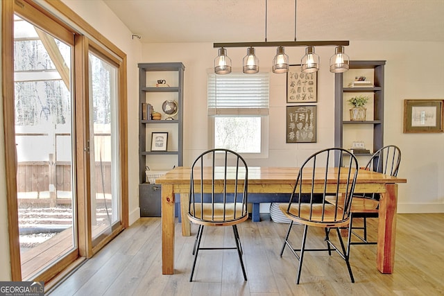 dining area featuring built in features, a healthy amount of sunlight, light wood-type flooring, and baseboards