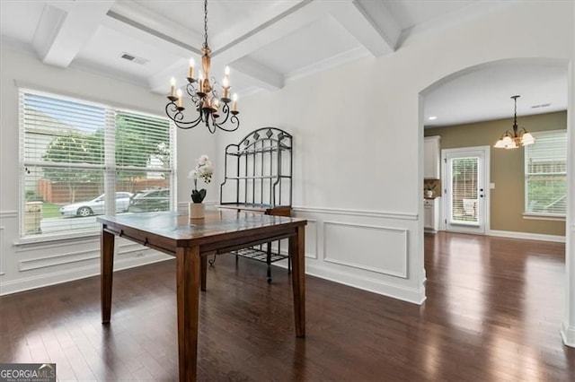 5310 Corinth Ct, Cumming, GA 30040 - unfurnished dining area featuring visible vents, arched walkways, an inviting chandelier, dark wood-style floors, and beamed ceiling