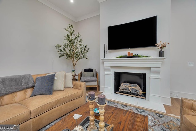 living room featuring ornamental molding, a fireplace, baseboards, and wood finished floors