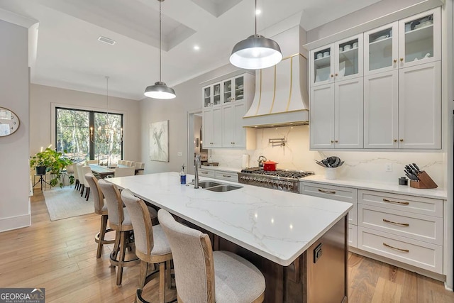 kitchen with light wood finished floors, a sink, premium range hood, decorative backsplash, and a kitchen island with sink