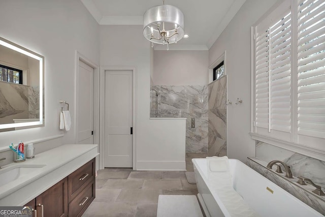 full bathroom with vanity, a soaking tub, walk in shower, crown molding, and a notable chandelier