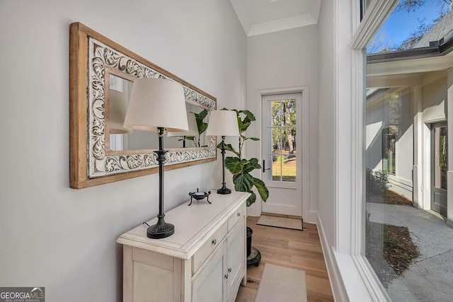 interior space featuring crown molding and light wood-style floors