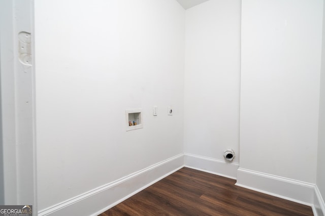 laundry room with washer hookup, dark wood finished floors, baseboards, hookup for an electric dryer, and laundry area