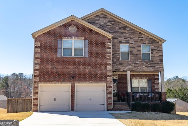 traditional home with a garage, brick siding, covered porch, and driveway