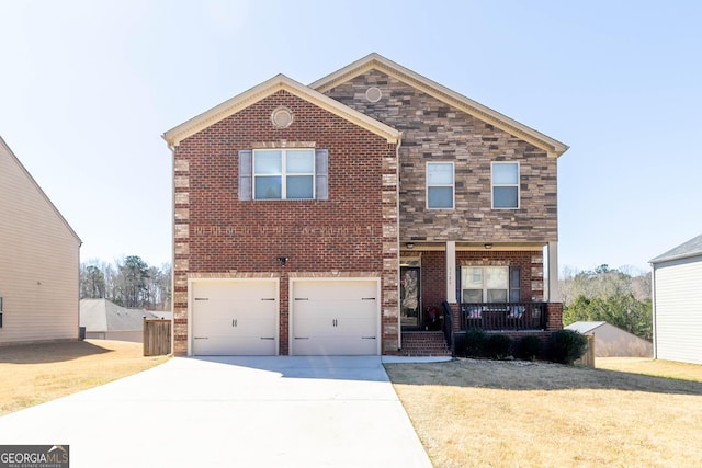 view of front of home with a garage, brick siding, and concrete driveway