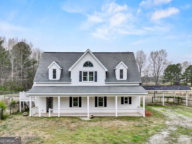 view of front of property featuring fence, driveway, roof with shingles, a porch, and a front lawn