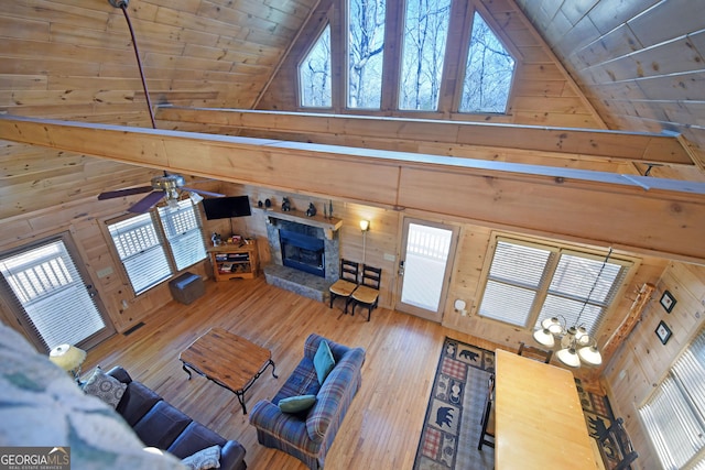 unfurnished living room with wooden walls, wooden ceiling, and wood-type flooring