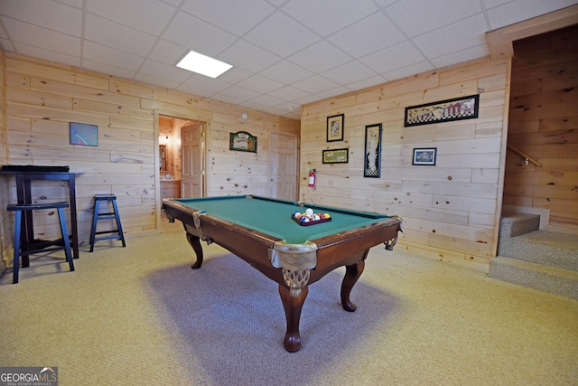 recreation room with pool table, carpet flooring, and a drop ceiling