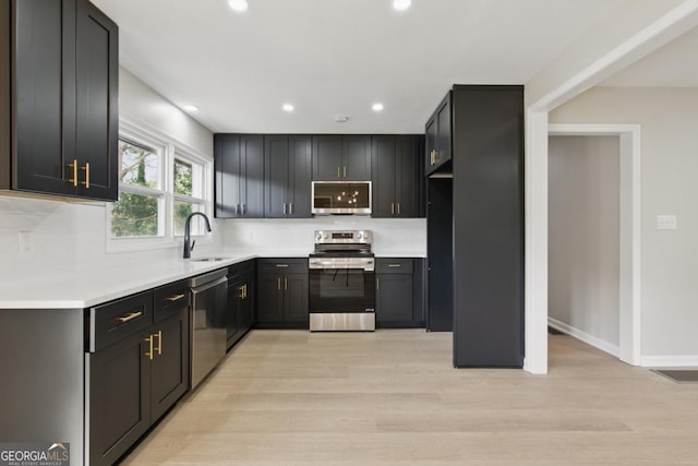 kitchen with light wood finished floors, a sink, stainless steel appliances, light countertops, and decorative backsplash