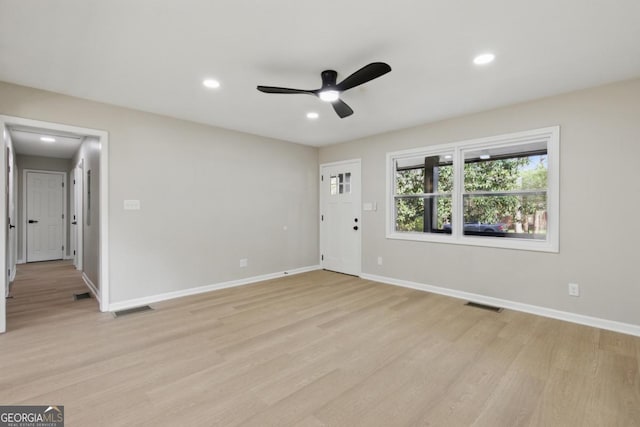 unfurnished living room with visible vents, recessed lighting, baseboards, and a ceiling fan