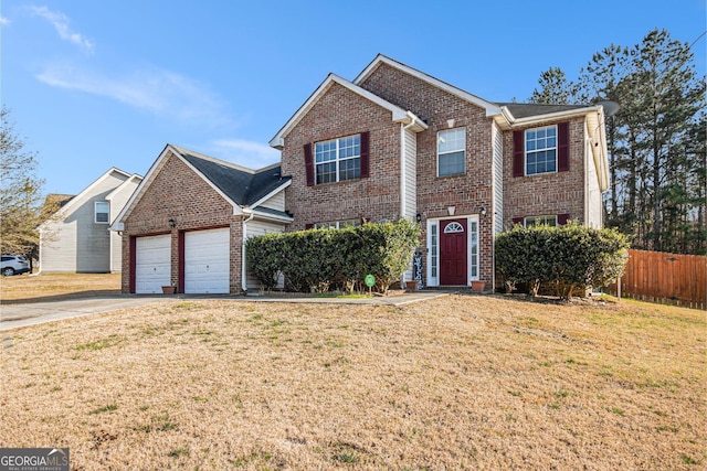1921 Boulder Gate Dr, Ellenwood, GA 30294 - traditional-style house with fence, concrete driveway, a front yard, a garage, and brick siding