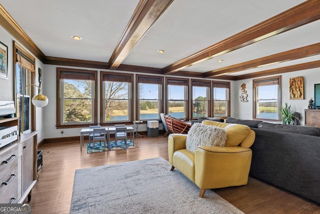 living area featuring beamed ceiling, ornamental molding, baseboards, and wood finished floors