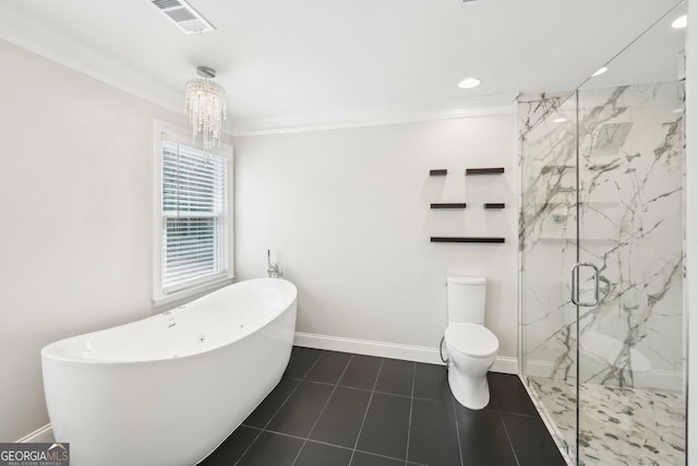 full bath with toilet, visible vents, a marble finish shower, and ornamental molding