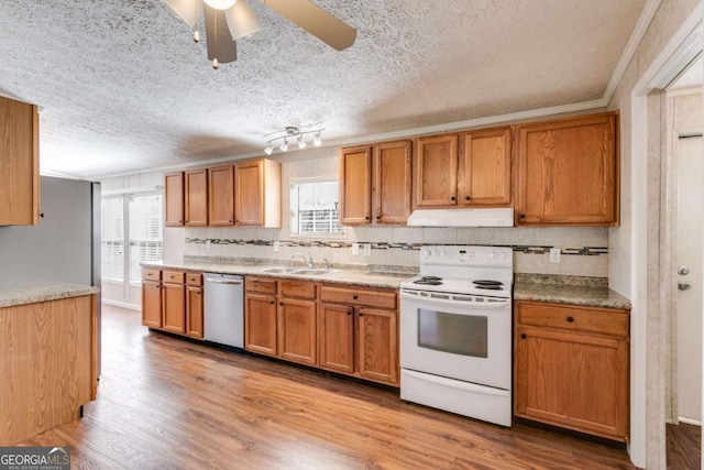 kitchen featuring a sink, wood finished floors, white electric range oven, exhaust hood, and dishwasher