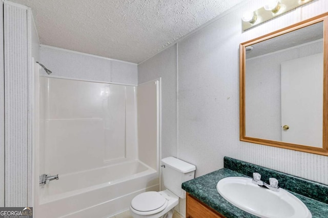 full bathroom featuring shower / bath combination, toilet, a textured ceiling, and vanity