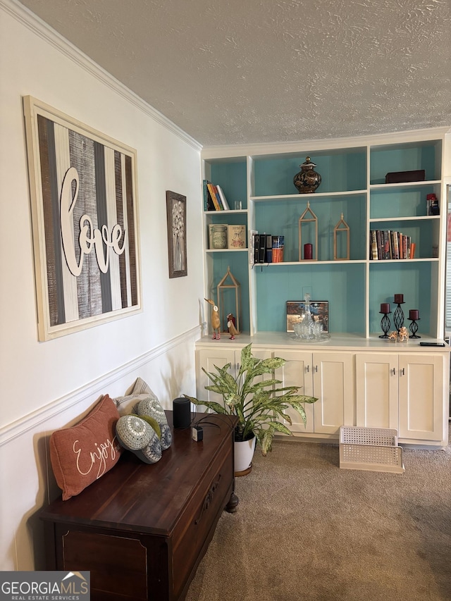 sitting room featuring built in features, carpet, ornamental molding, and a textured ceiling