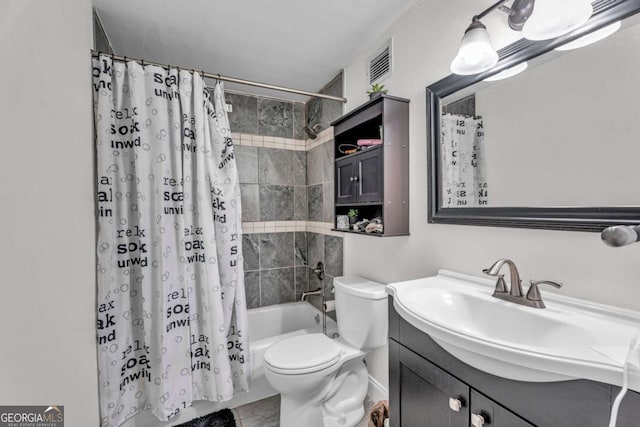 full bath featuring visible vents, shower / bath combination with curtain, vanity, and toilet