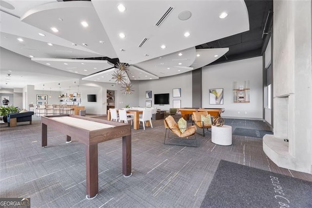 250 Pharr Rd Unit 1702, Atlanta, GA 30305 - playroom featuring carpet floors, billiards table, a towering ceiling, recessed lighting, and ceiling fan