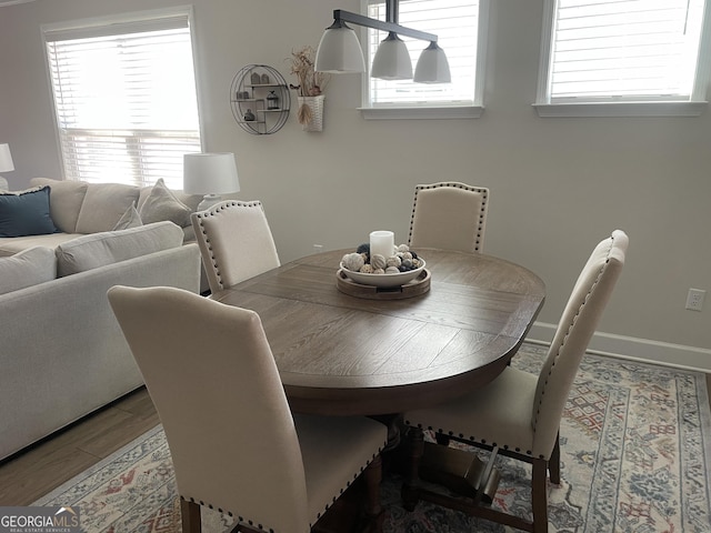 dining area with a healthy amount of sunlight, baseboards, and wood finished floors