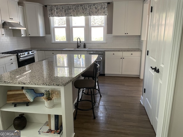 kitchen with under cabinet range hood, open shelves, backsplash, white cabinetry, and stainless steel appliances