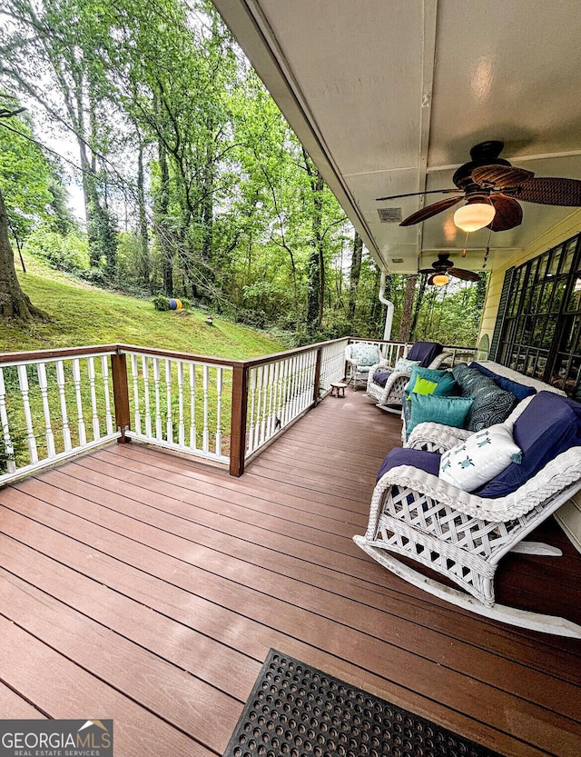 1972 Cox Dr, Austell, GA 30168 - wooden deck featuring an outdoor living space, ceiling fan, and a yard