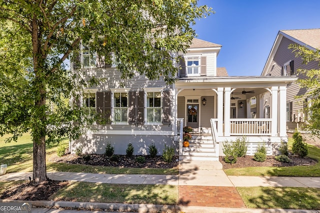 view of front of home featuring covered porch and a ceiling fan