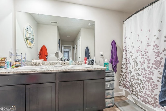 197 Stocks Cir, West Point, GA 31833 - bathroom featuring wood finished floors, a sink, visible vents, and double vanity