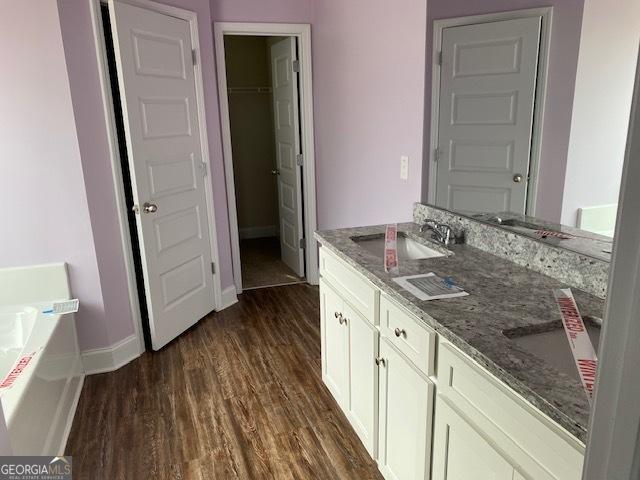 bathroom with a walk in closet, baseboards, wood finished floors, a bath, and a sink