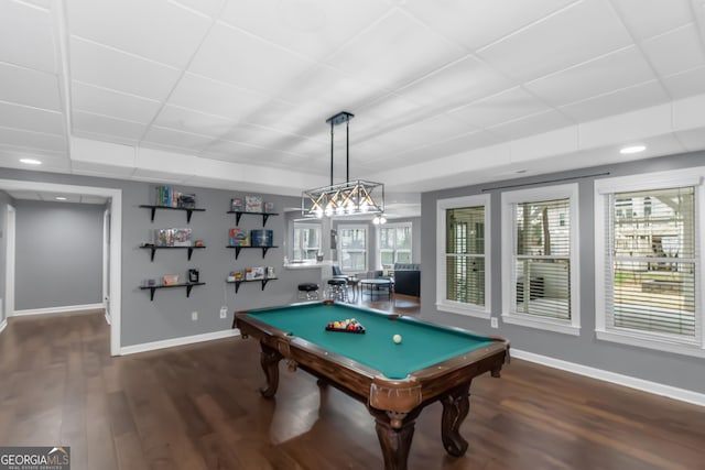 rec room with a paneled ceiling, billiards, baseboards, and wood finished floors