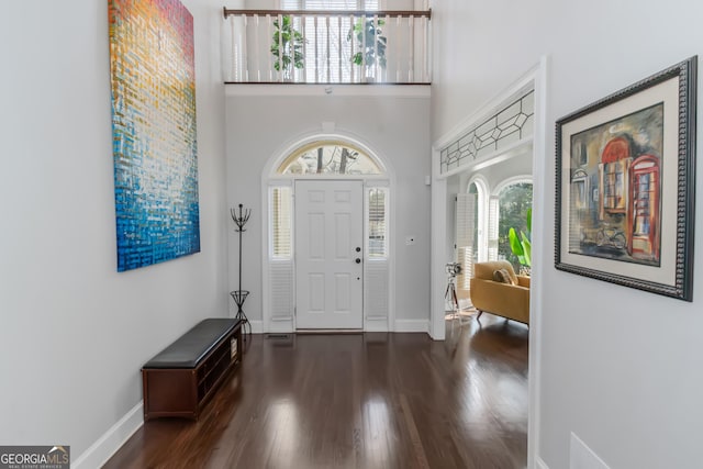 foyer entrance with a high ceiling, baseboards, and wood finished floors