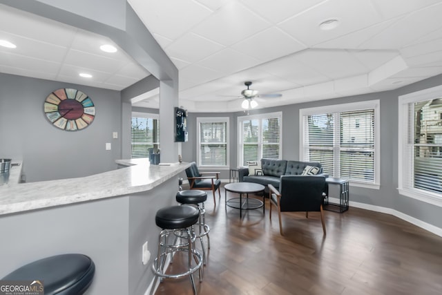 kitchen with plenty of natural light, a ceiling fan, dark wood-type flooring, and baseboards