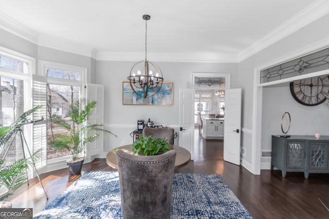 dining area with dark wood-type flooring, a healthy amount of sunlight, and crown molding