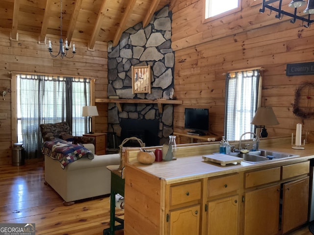 114 Palisade Dr, Ellijay, GA 30540 - kitchen featuring a chandelier, a sink, light wood-style floors, wooden walls, and beamed ceiling
