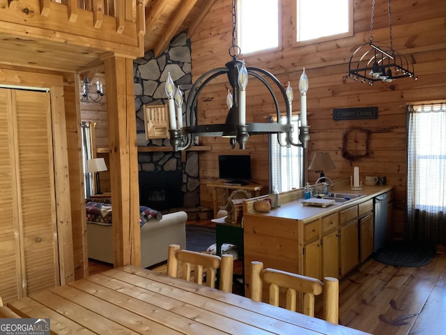 114 Palisade Dr, Ellijay, GA 30540 - kitchen featuring light countertops, wood walls, light wood finished floors, dishwasher, and a sink