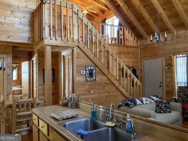 114 Palisade Dr, Ellijay, GA 30540 - kitchen featuring wood walls, an inviting chandelier, wooden ceiling, lofted ceiling with beams, and a sink