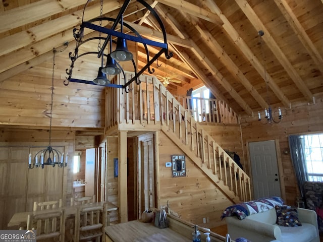114 Palisade Dr, Ellijay, GA 30540 - interior space featuring high vaulted ceiling, wooden walls, wooden ceiling, and beam ceiling
