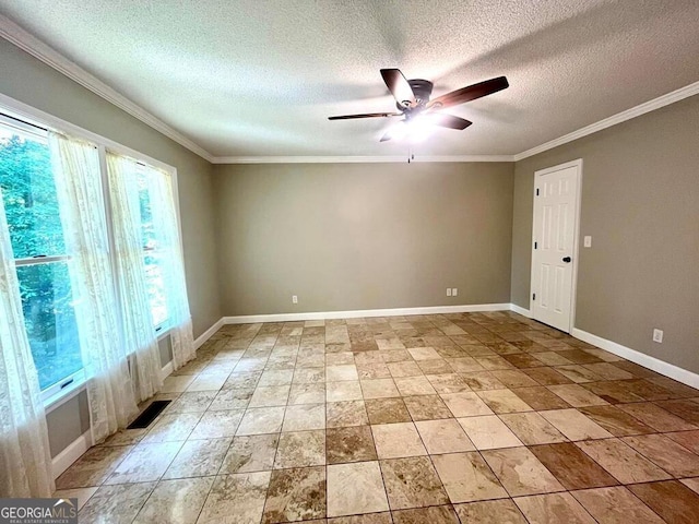 empty room featuring baseboards, a textured ceiling, ornamental molding, and a ceiling fan